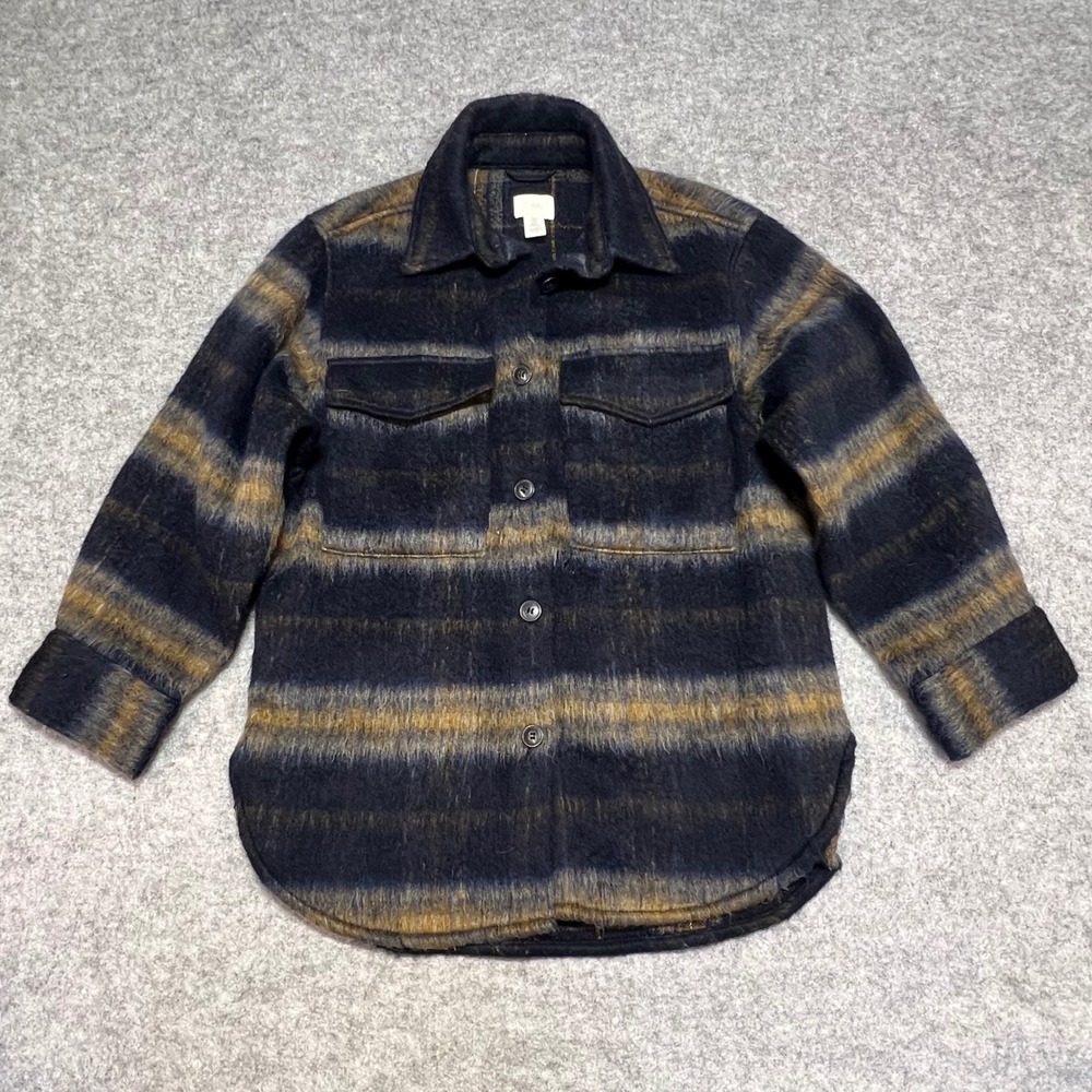 HM Mens Small Navy Blue Yellow‎ Striped Wool Blend Shacket Shirt Jacket